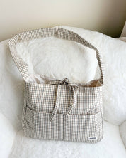 Large Gingham Book Bag with Multiple Pockets: Cream