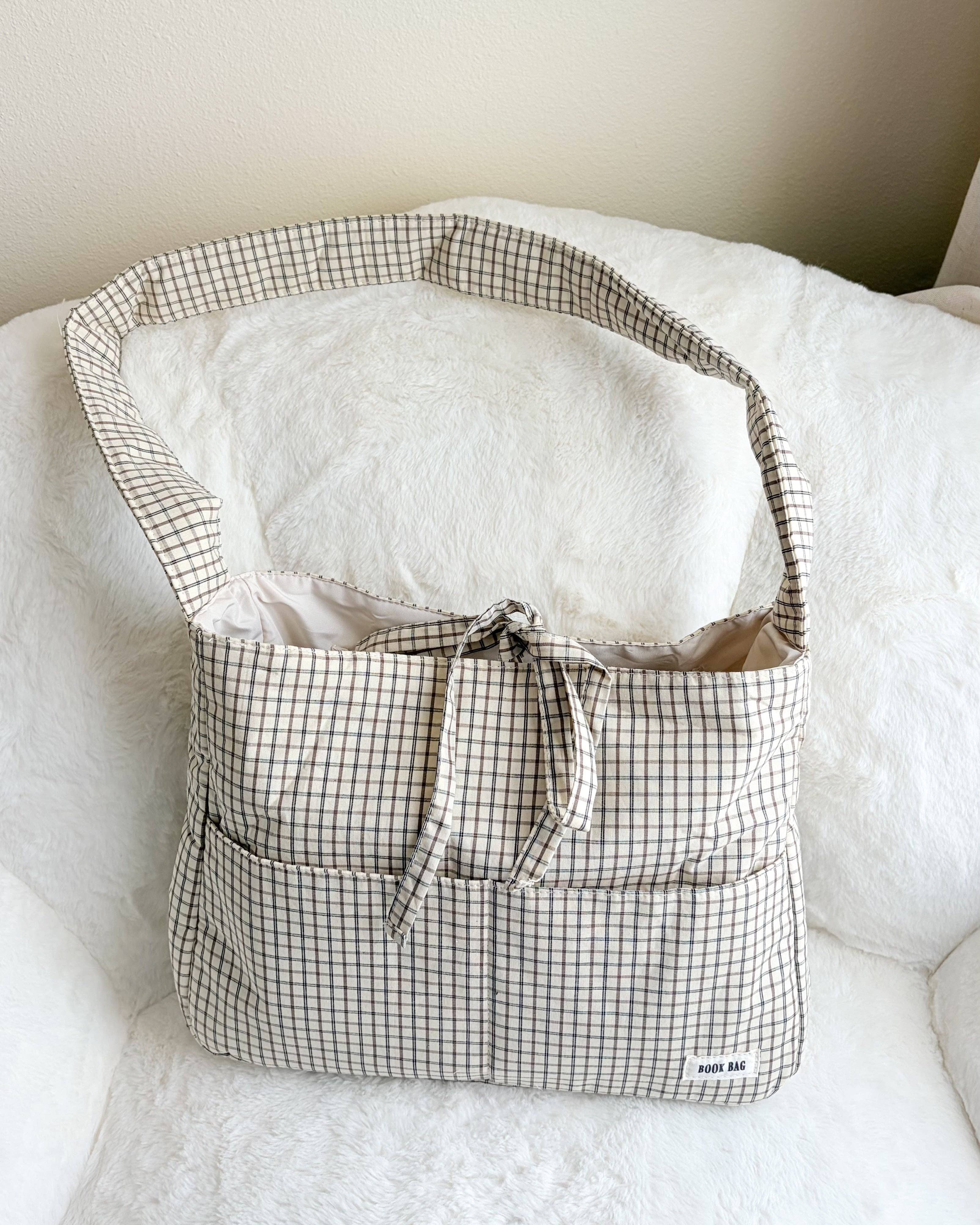 Large Gingham Book Bag with Multiple Pockets: Cream