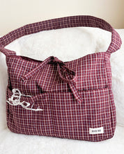 Large Wine Gingham Book Bag with Multiple Pockets