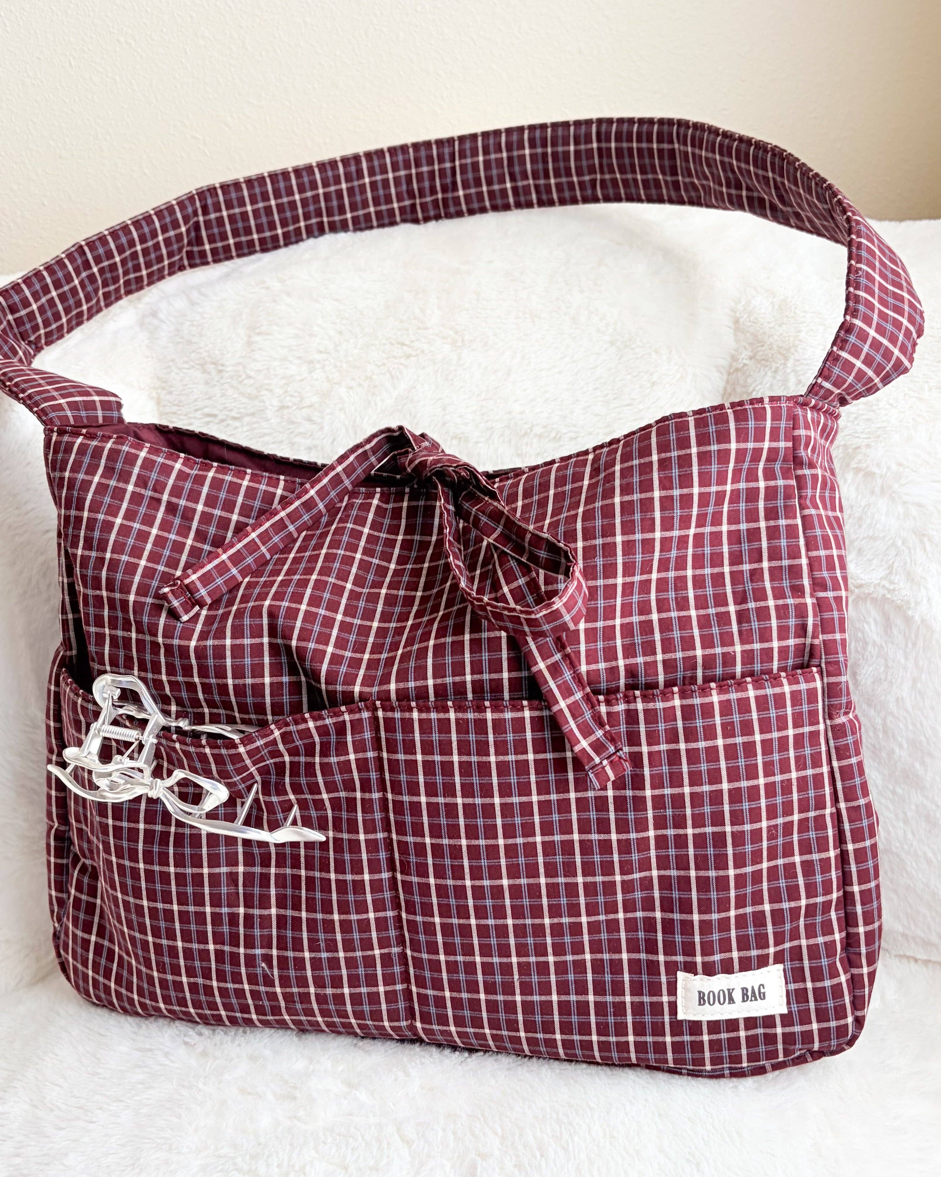 Large Wine Gingham Book Bag with Multiple Pockets