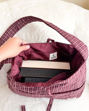 Large Wine Gingham Book Bag with Multiple Pockets