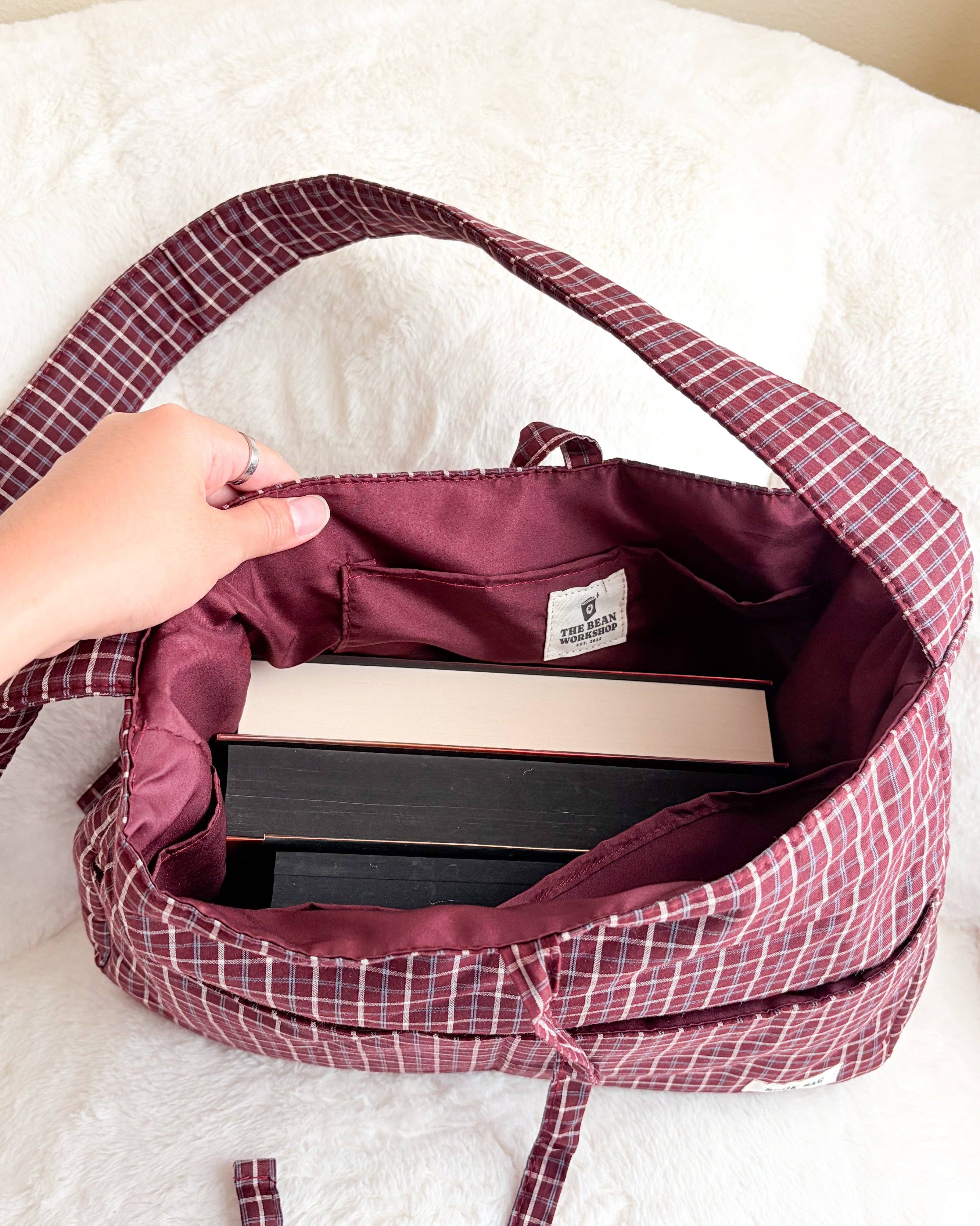 Large Wine Gingham Book Bag with Multiple Pockets