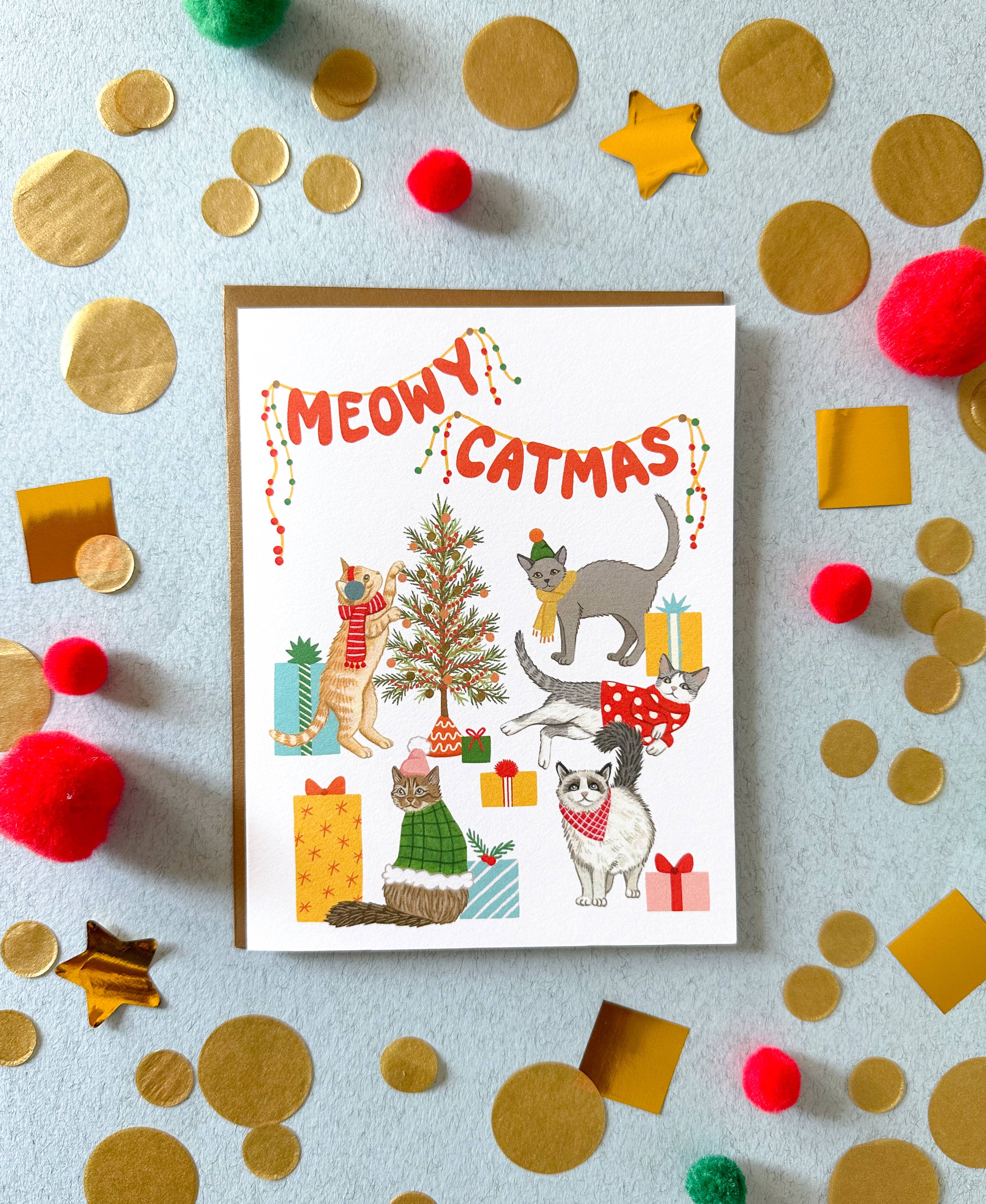 Merry Catmas Cats Festive Christmas Holiday Card *Foil Stamped*
