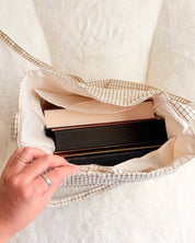 Large Gingham Book Bag with Multiple Pockets: Cream
