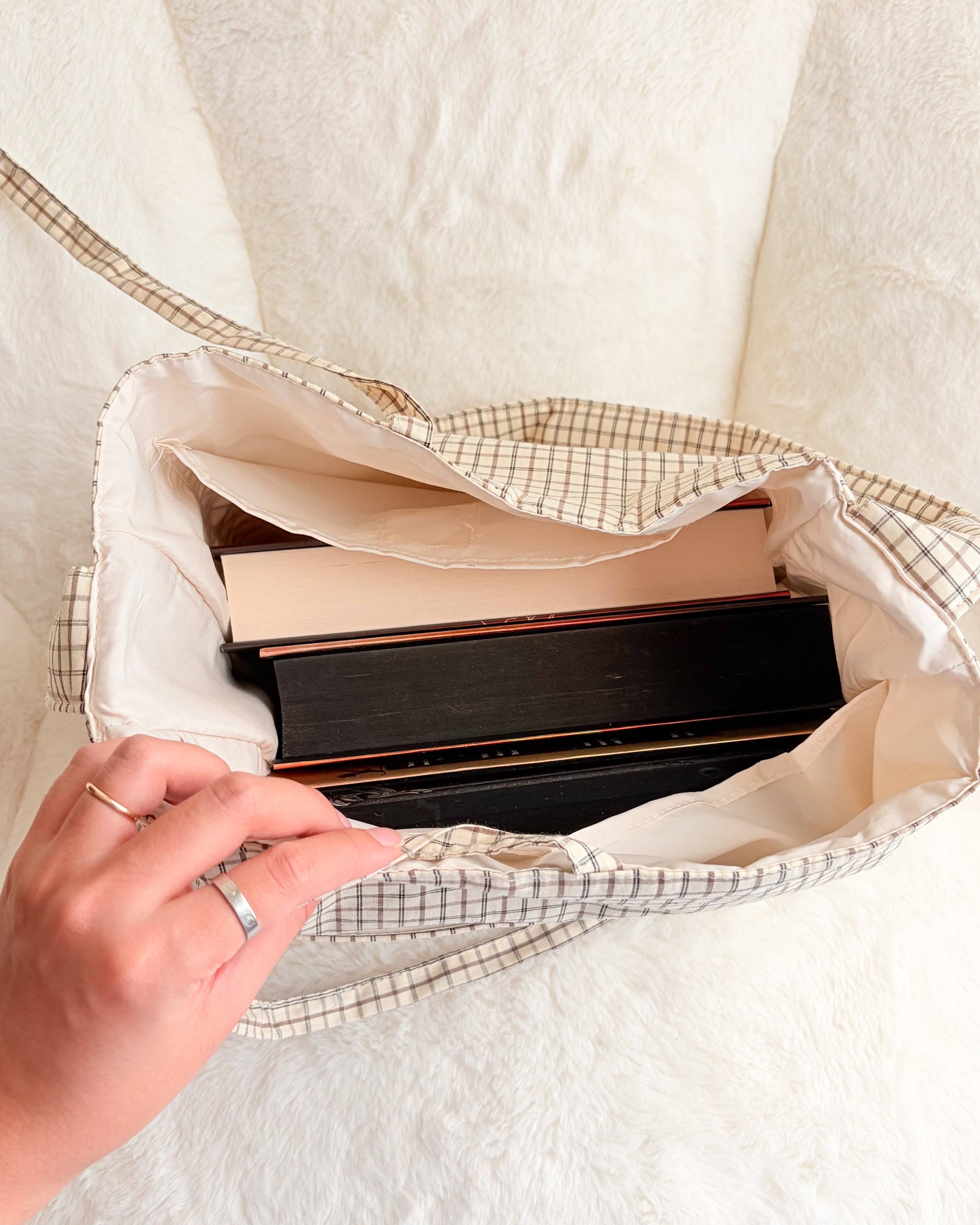 Large Gingham Book Bag with Multiple Pockets: Cream