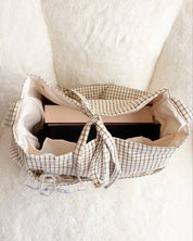 Large Gingham Book Bag with Multiple Pockets: Cream