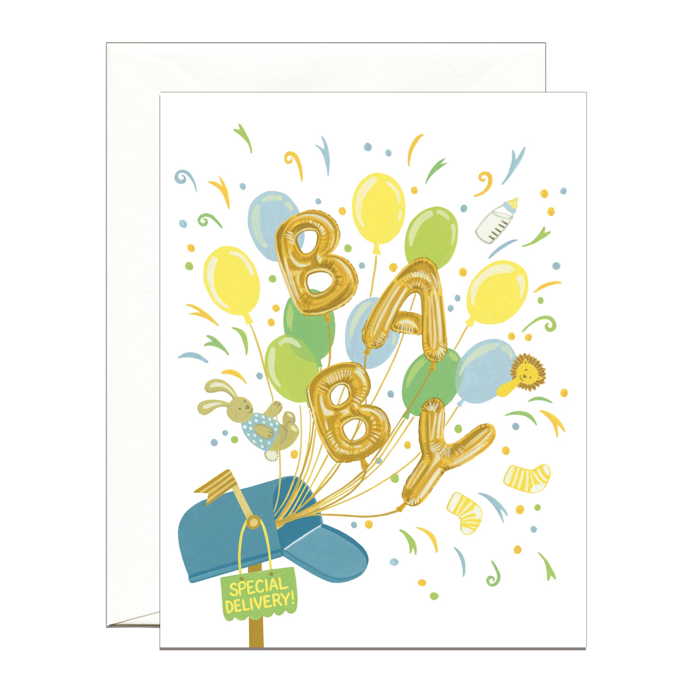 Special Delivery Balloons & Confetti Mailbox Baby Card