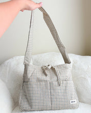 Large Gingham Book Bag with Multiple Pockets: Cream