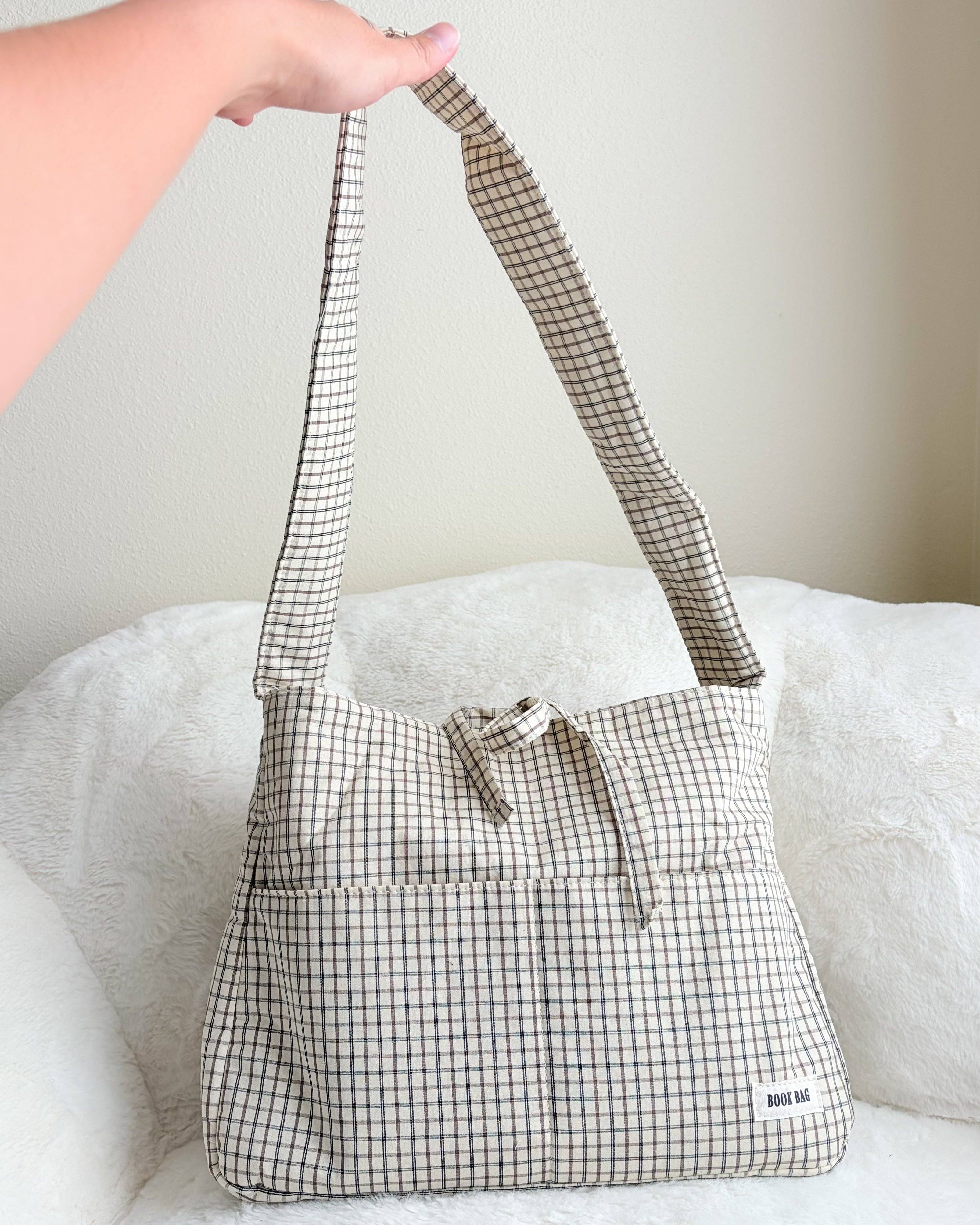 Large Gingham Book Bag with Multiple Pockets: Cream
