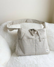 Large Gingham Book Bag with Multiple Pockets: Cream