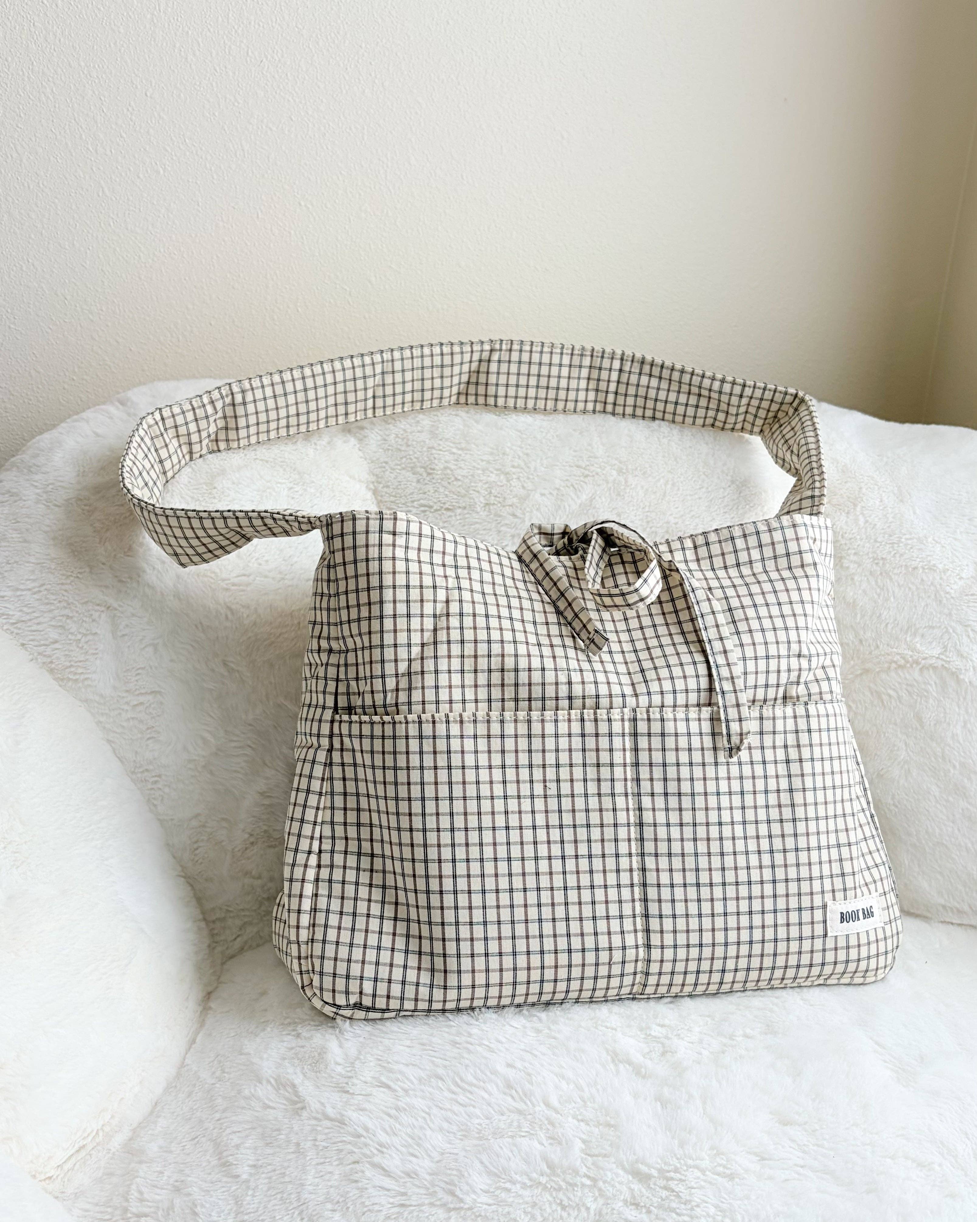 Large Gingham Book Bag with Multiple Pockets: Cream