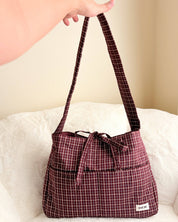 Large Wine Gingham Book Bag with Multiple Pockets