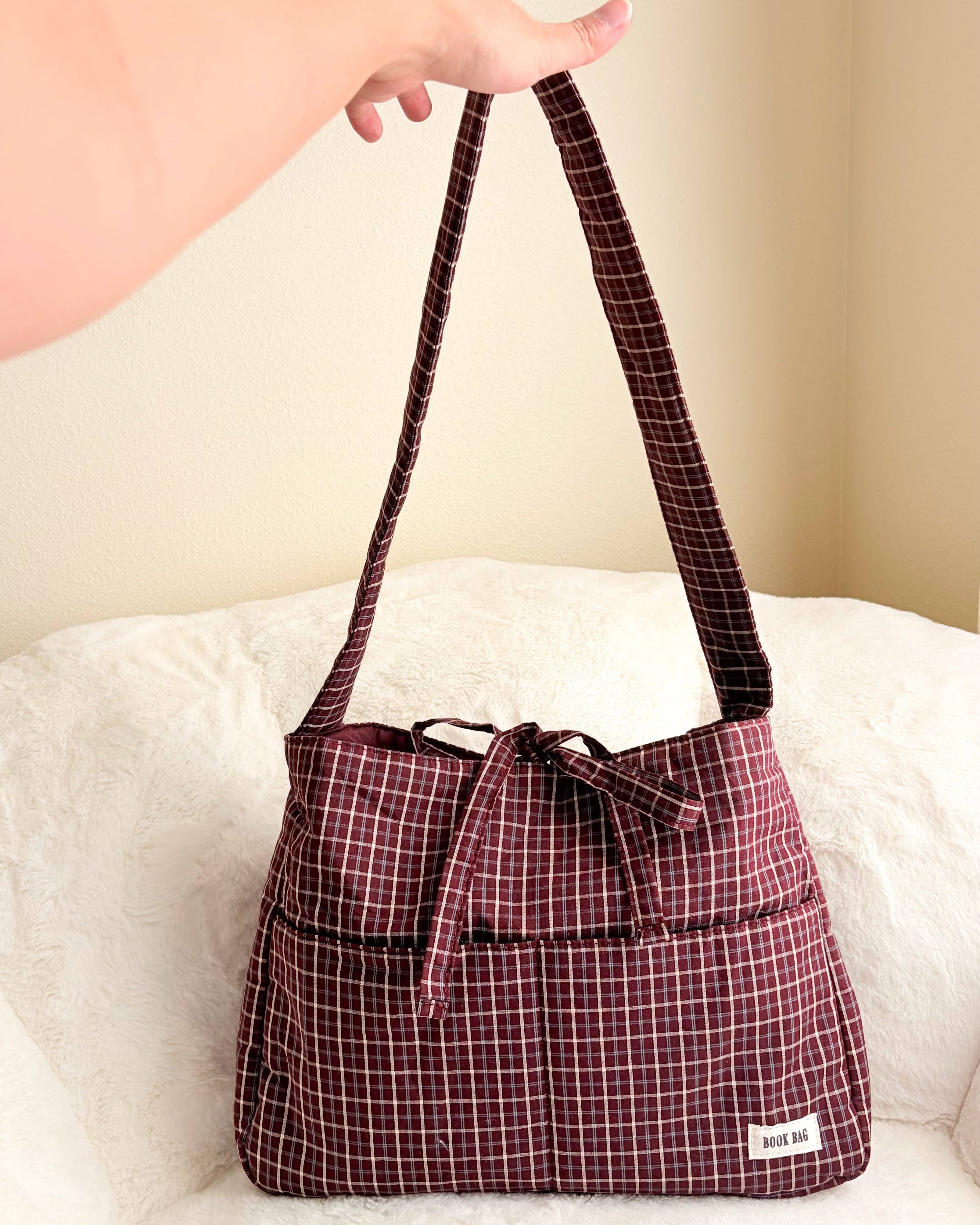 Large Wine Gingham Book Bag with Multiple Pockets