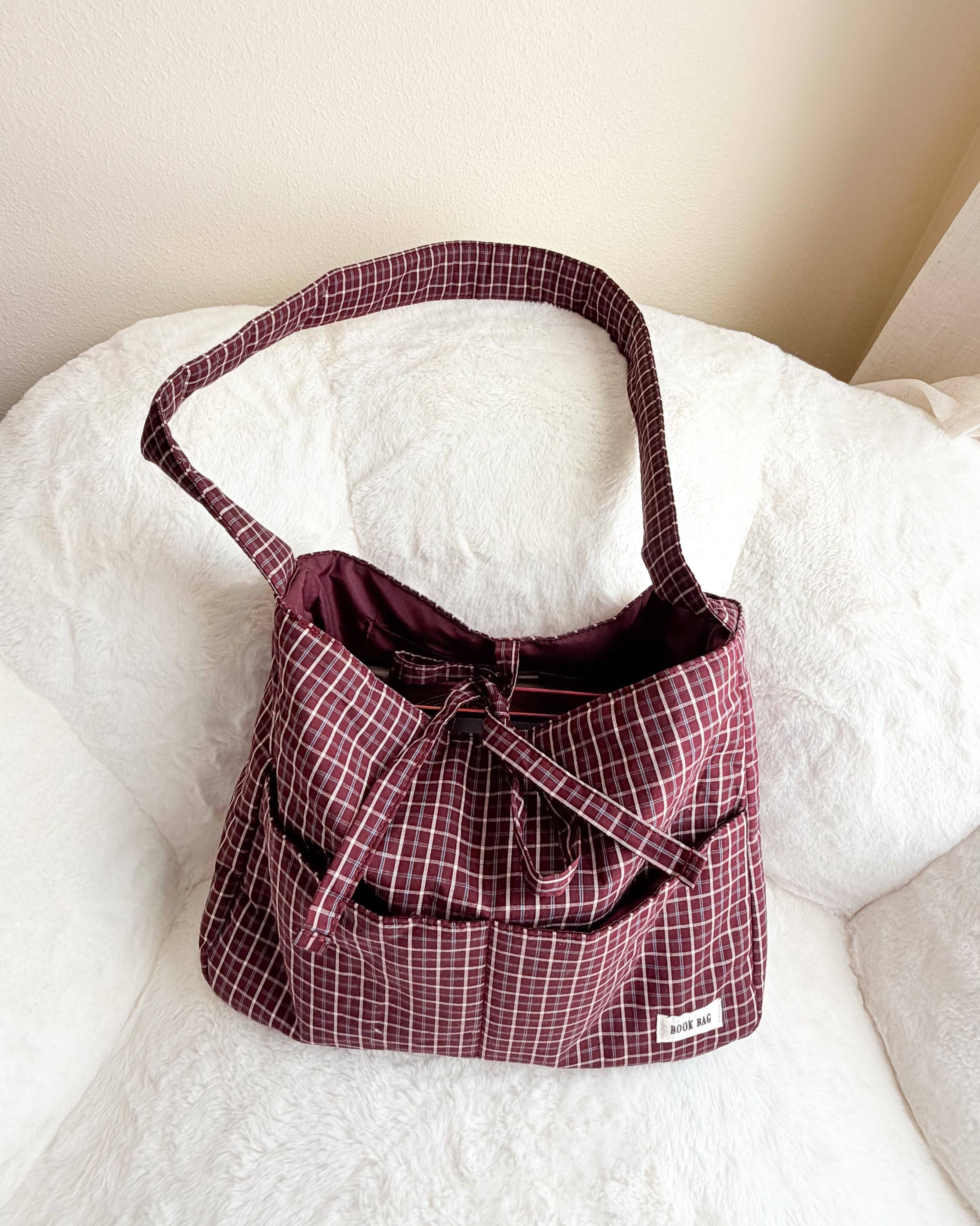 Large Wine Gingham Book Bag with Multiple Pockets